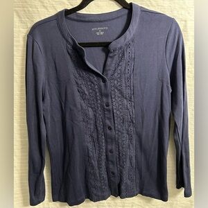 APPLESEEDS Women’s Navy 5 Button V Neck Long Sleeve Lace Tunic Blouse Top Size M